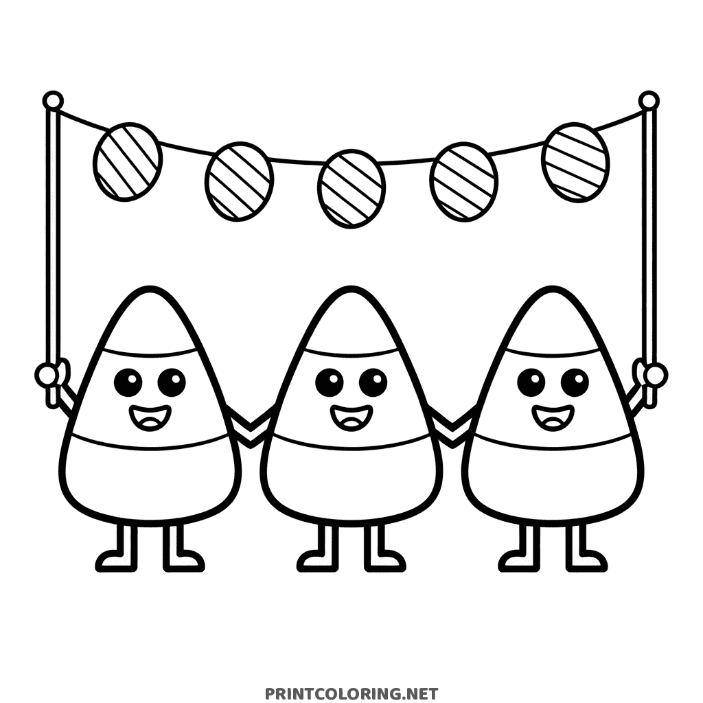 Halloween coloring page of three candy corn characters holding hands under a banner of candy corn flags