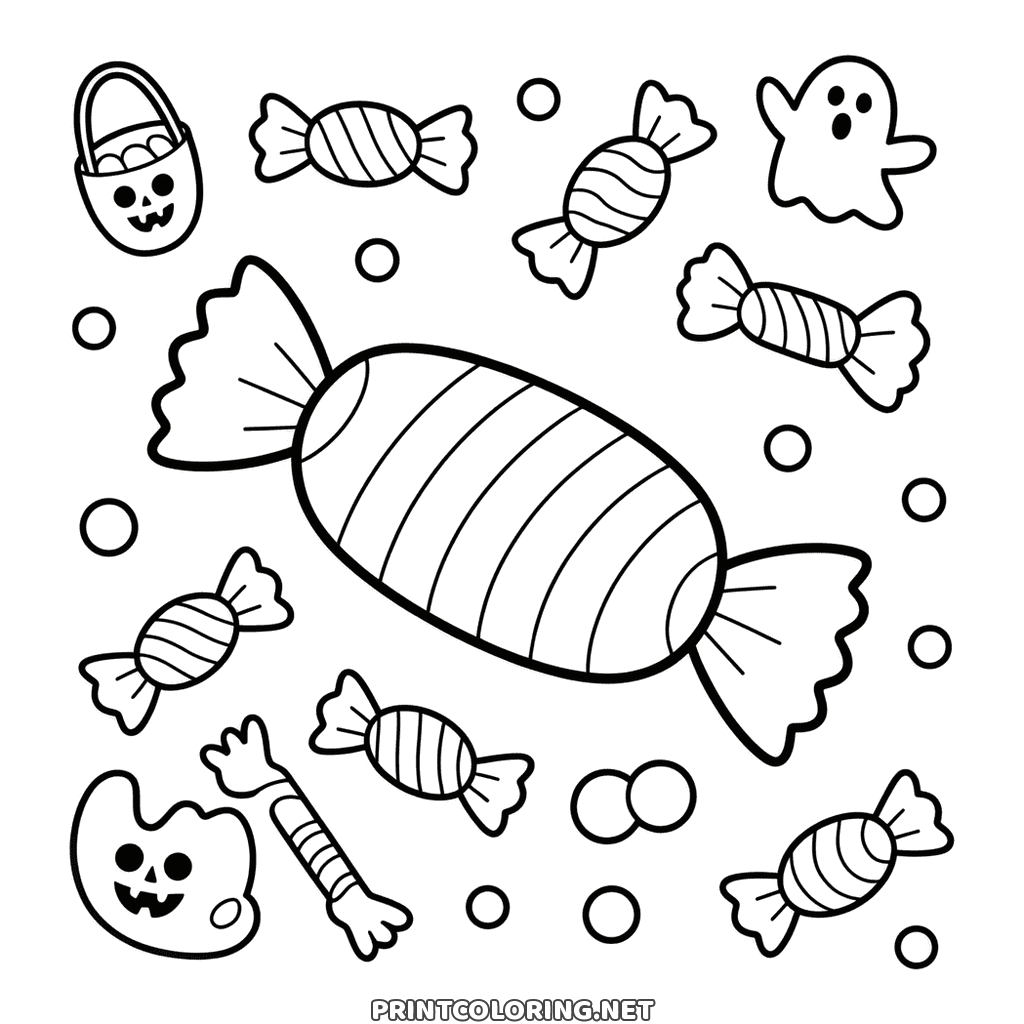 Printable Halloween candy coloring page: one big sweet among a pile of wrappers