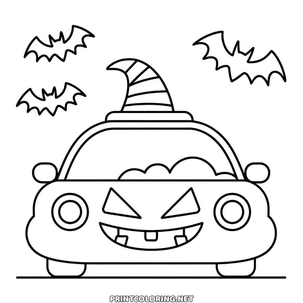 Halloween car to color with a carved face on the front and a striped witch hat on top