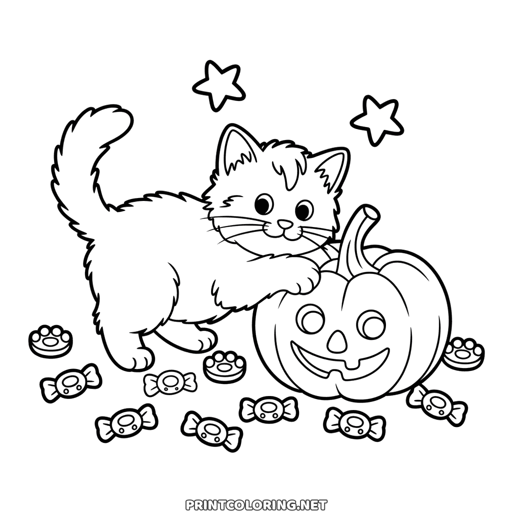 Fluffy Halloween cat with a paw on a smiling pumpkin, sweets and paw prints, to color