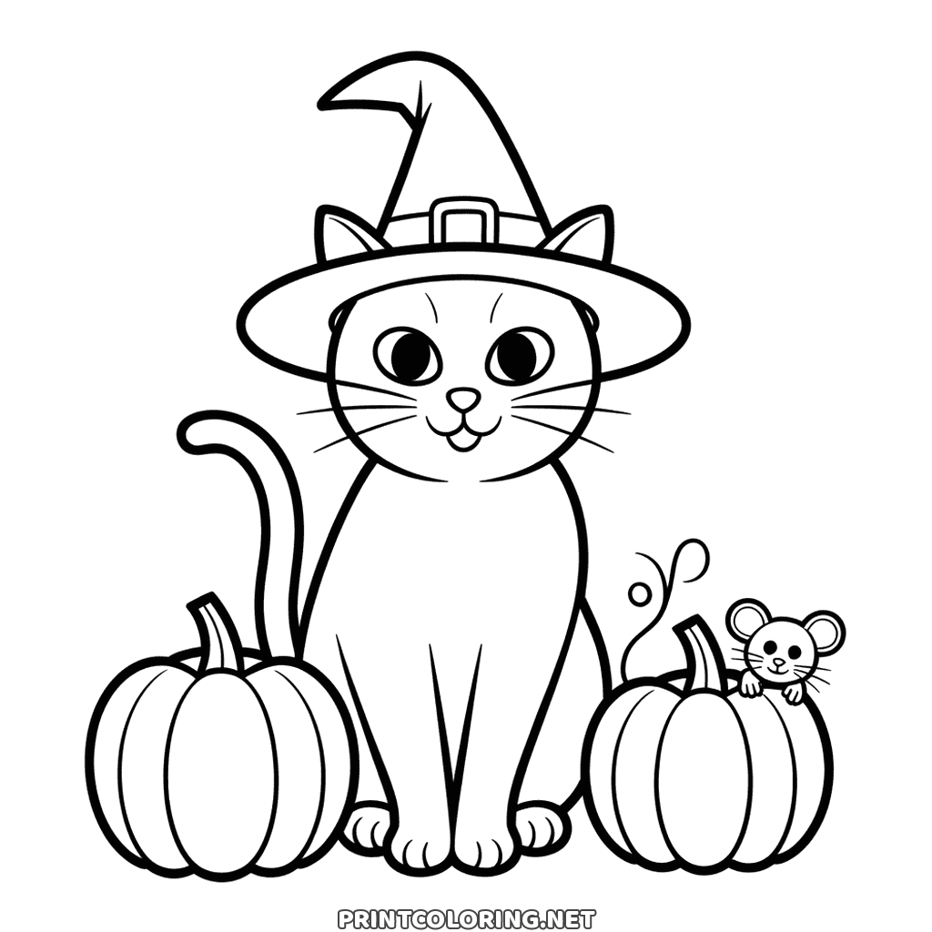 Cute Halloween cat coloring page: a cat in a witch hat between two pumpkins, a mouse peeking out