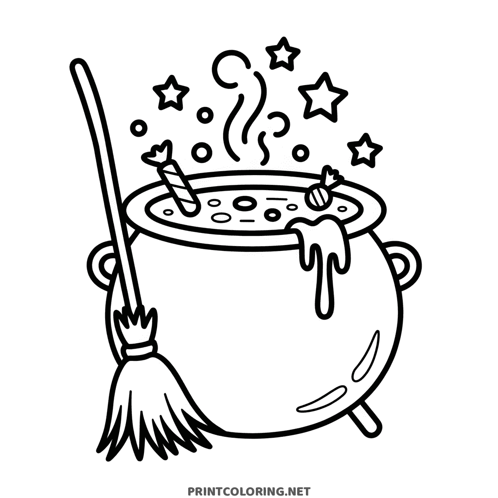 Halloween coloring page of a bubbling witch's cauldron with a broom leaning against it