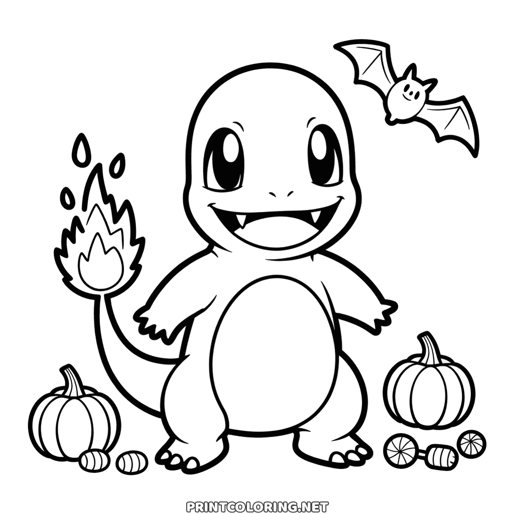 Coloring page of Charmander at Halloween: the Pokemon fire lizard between two pumpkins