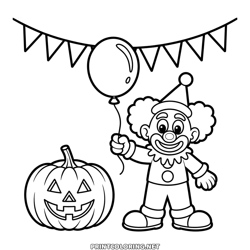 Coloring page of a happy Halloween clown with a balloon and a carved pumpkin