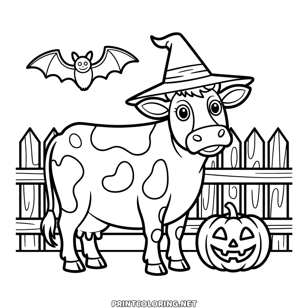 Halloween cow in a witch hat by a picket fence, with a bat and a small pumpkin, to color