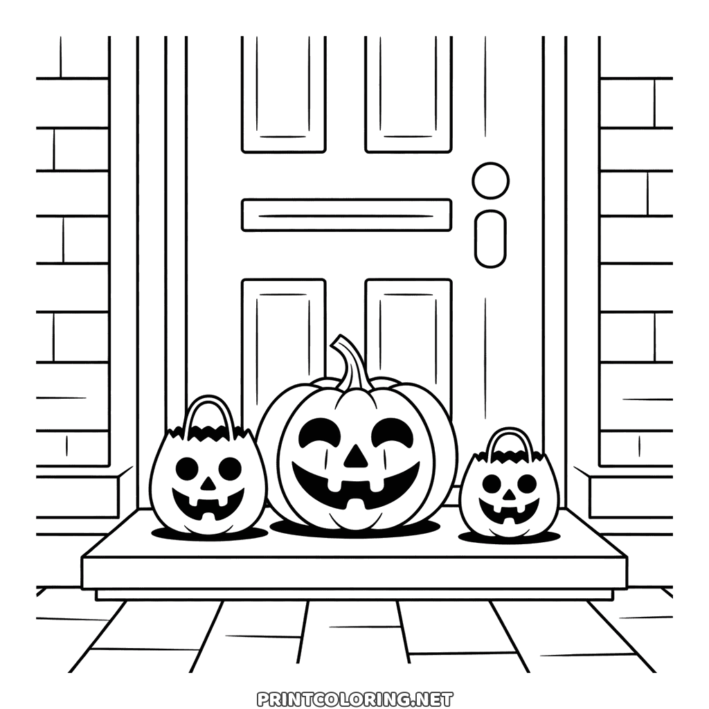 Halloween doorstep to color: a carved pumpkin and two pails in front of a panelled door