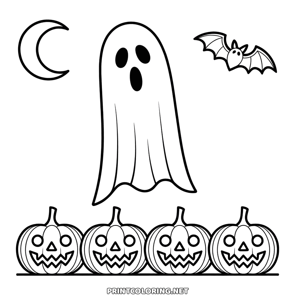 Printable ghost coloring page for Halloween, floating above four carved pumpkins under a crescent moon