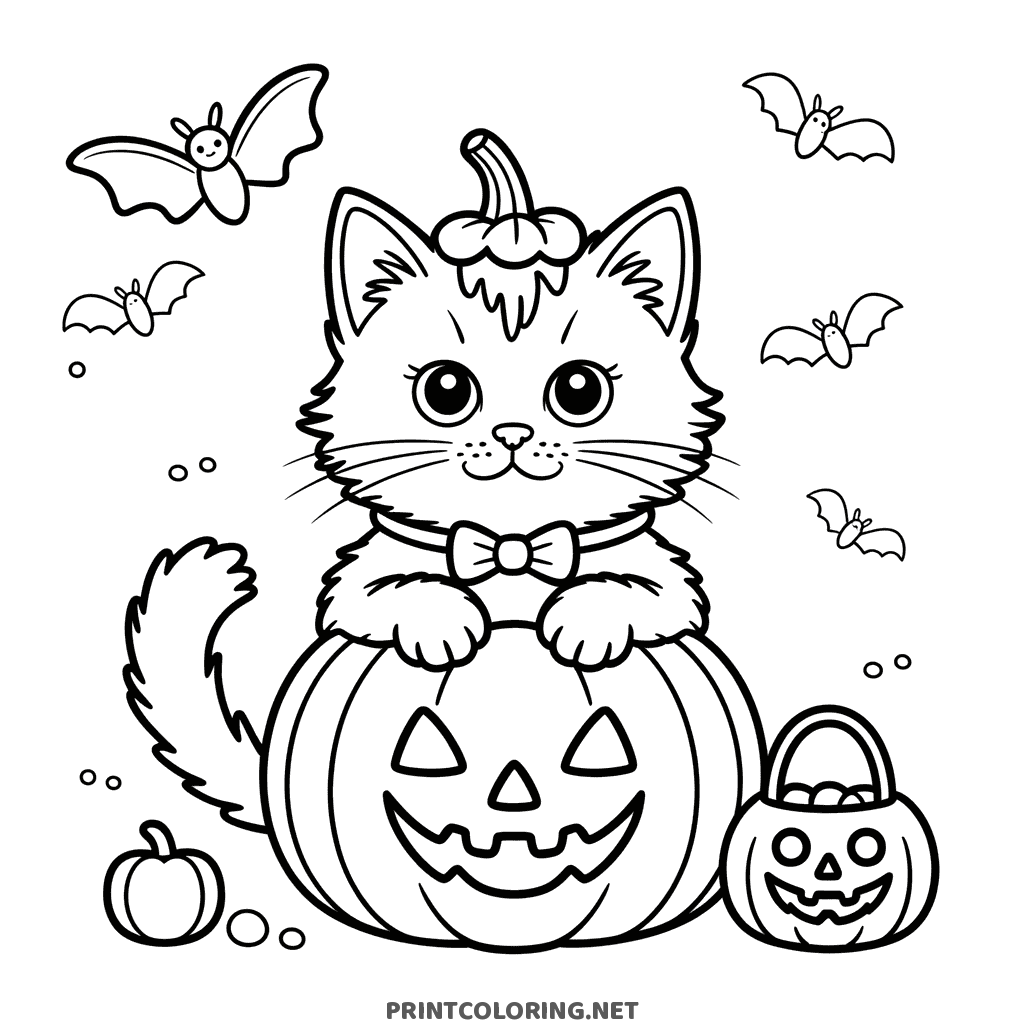 Halloween coloring page of a kitten wearing a pumpkin-stem headband sitting inside a jack-o-lantern with bats flying around