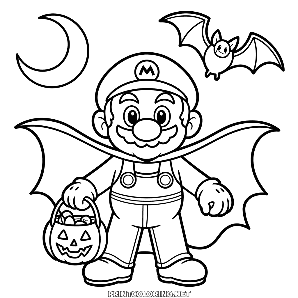 Halloween Ausmalbild kostenlos: Mario im Vampirumhang mit einem kleinen Kürbiseimer voller Süßigkeiten