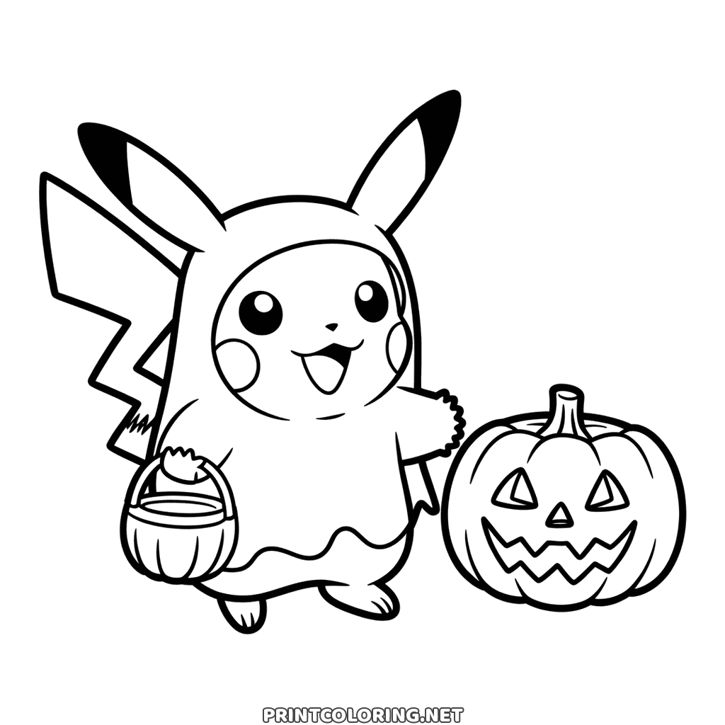 Halloween Pokémon Pikachu coloring page: a ghost sheet costume, a carved pumpkin and a pail