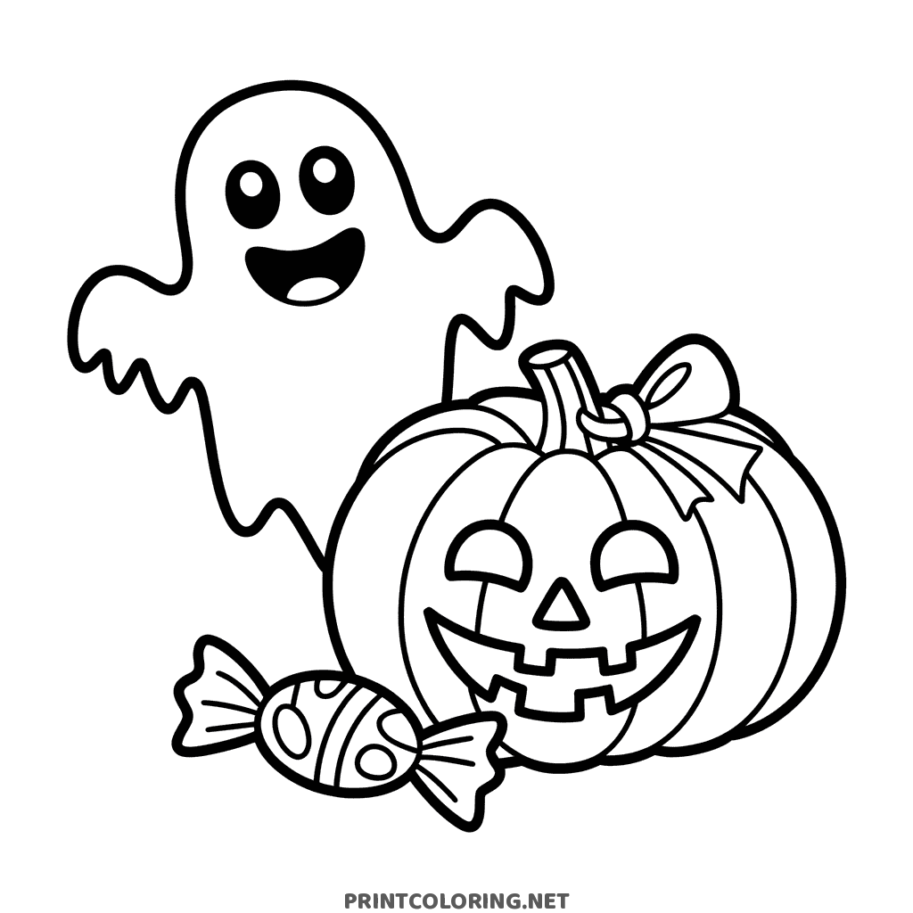 Halloween coloring page with a jack-o-lantern wearing a bow next to a smiling ghost and a piece of candy