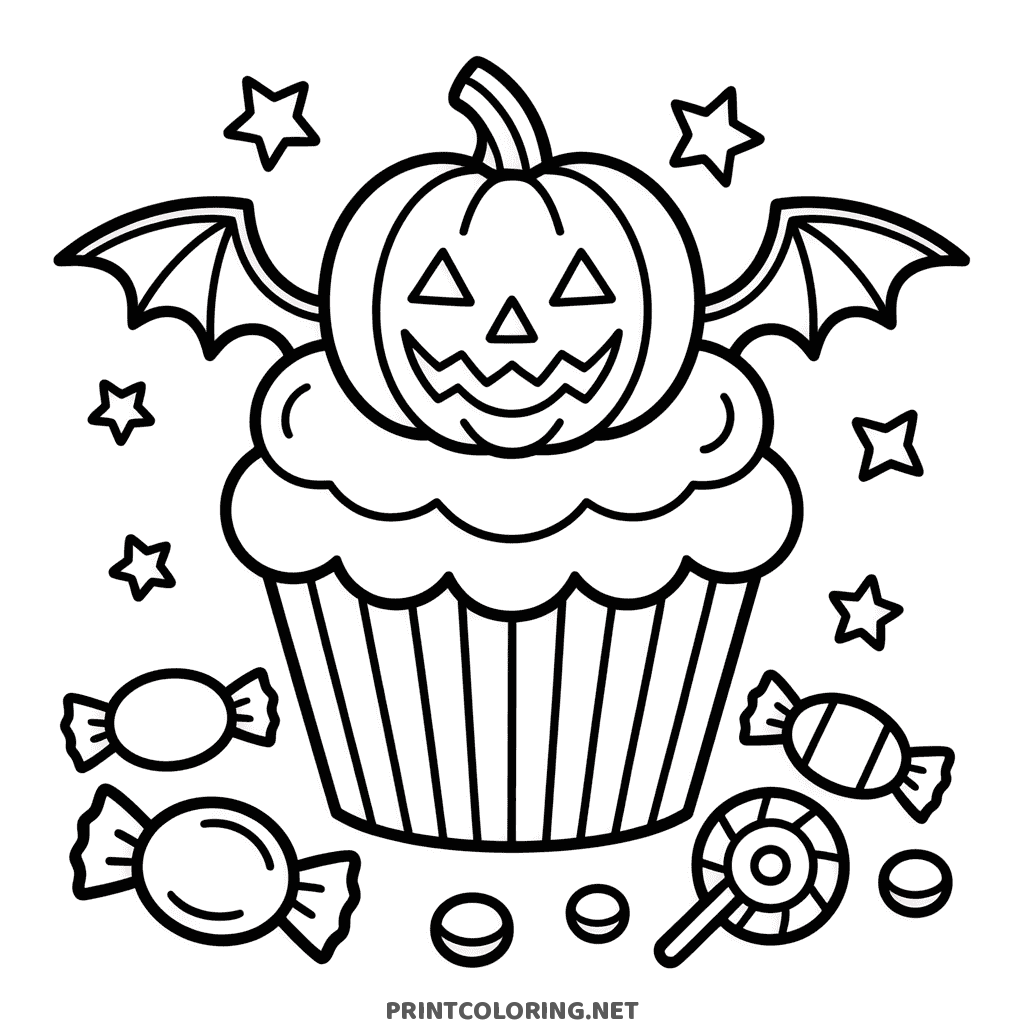 Halloween coloring page of a cupcake topped with a jack-o-lantern and bat wings, surrounded by candy