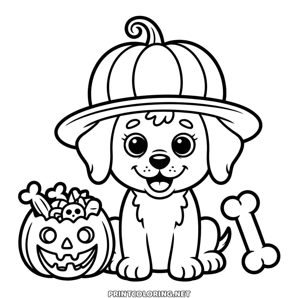 Halloween puppy in a pumpkin hat beside a bone and a pail of sweets, cute page to color
