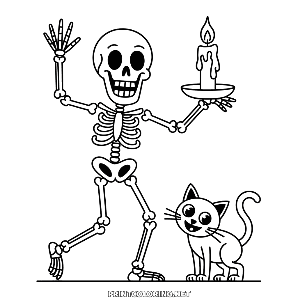 Halloween Skelett Ausmalbild mit einer Kerze in der Hand und einer kleinen Katze am Fuß