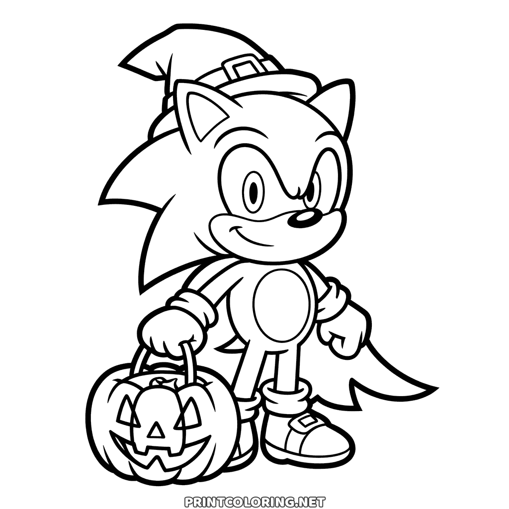 Halloween Sonic Ausmalbild: Sonic mit Hexenhut und Umhang trägt einen Kürbiseimer
