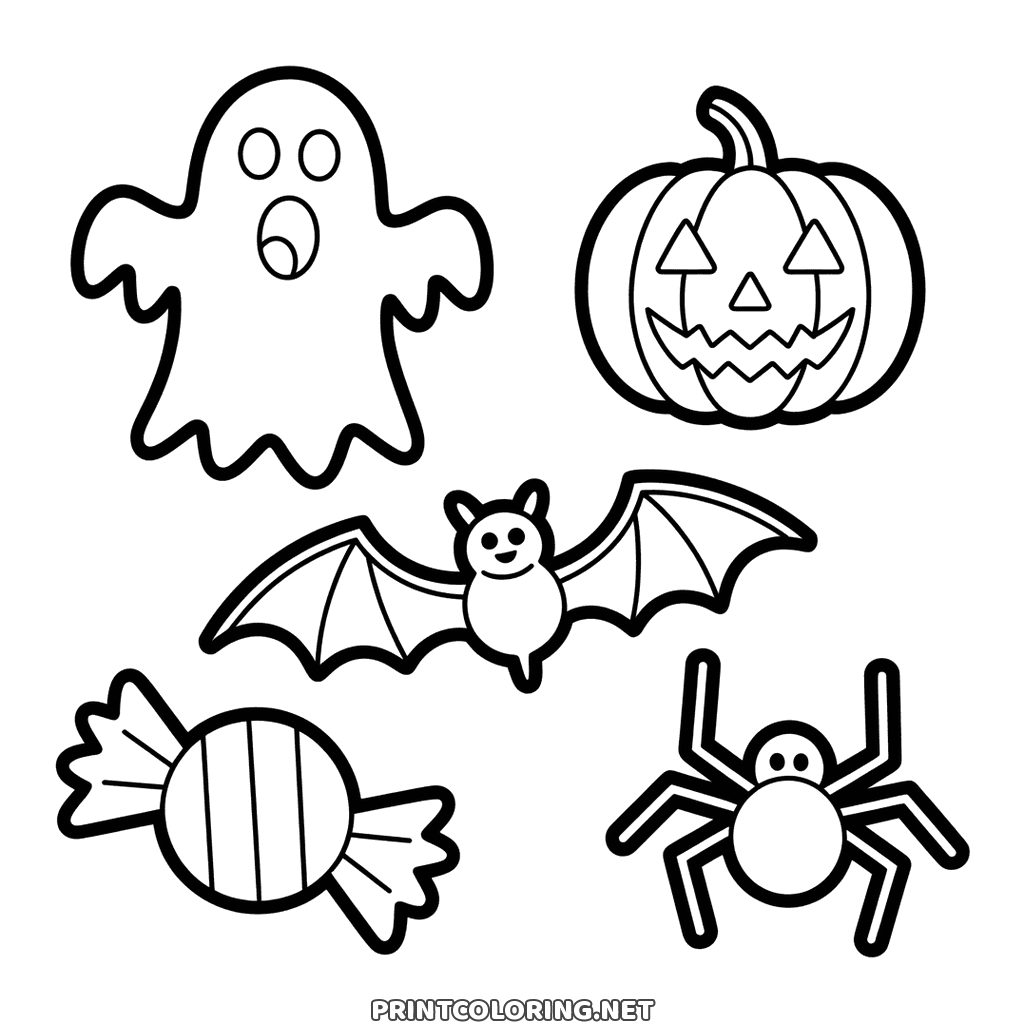 Fünf Halloween Formen zum Ausmalen: runde Spinne, Fledermaus, Geist, Kürbis und Bonbon
