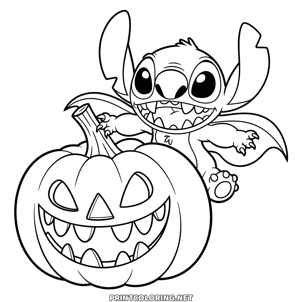 Vampire Stitch in a cape climbing out of a grinning pumpkin, Halloween page to color