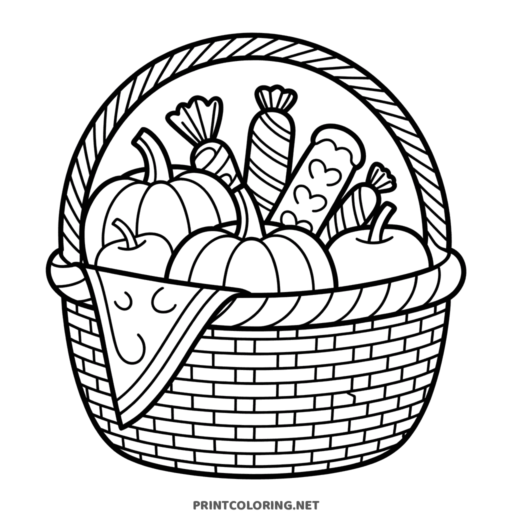 Halloween coloring page of a woven basket filled with pumpkins, apples, and wrapped candy
