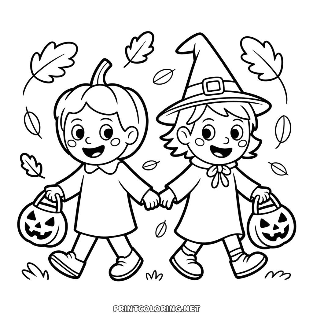 Halloween coloring page of two children in costume holding hands with jack-o-lantern buckets