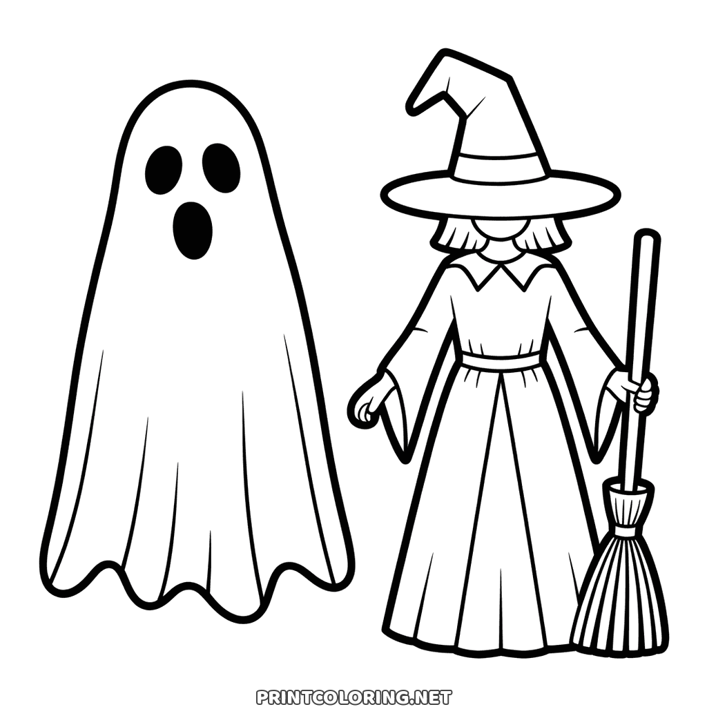 Halloween Ausmalbild mit einer Hexe im Spitzhut und ihrem Besen neben einem großen weißen Geist