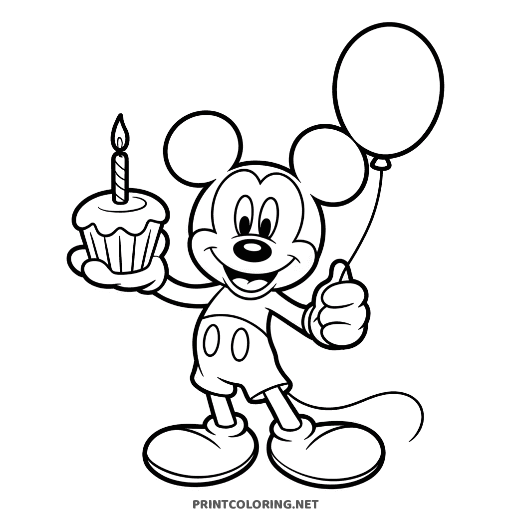 Mickey Mouse coloring page: Mickey holding a birthday cupcake with one candle and a floating balloon