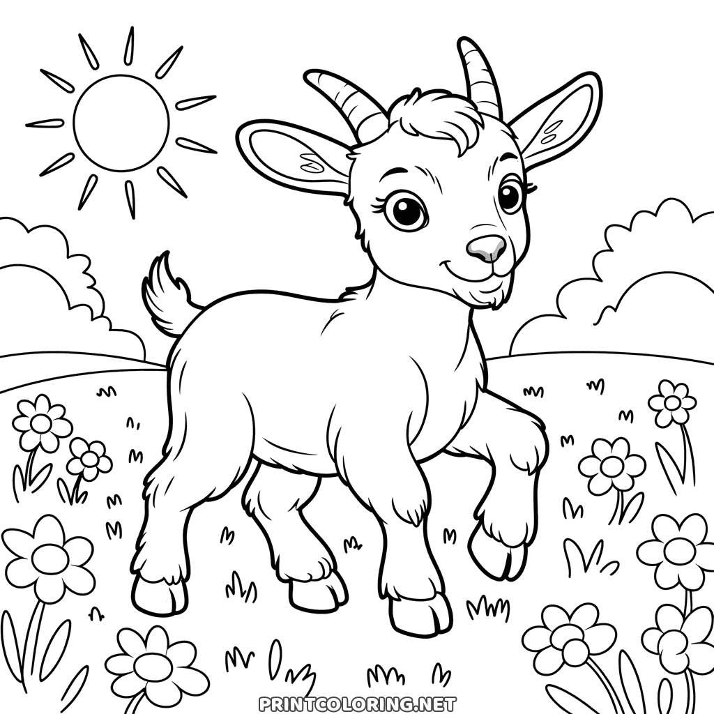 Happy goat coloring page: a kid goat prancing through a flower meadow under a bright sun