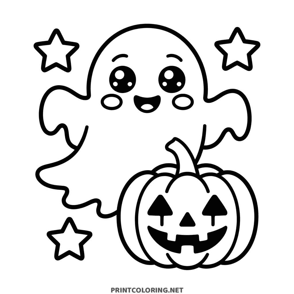 Halloween coloring page of a smiling ghost floating above a small jack-o-lantern with stars around it