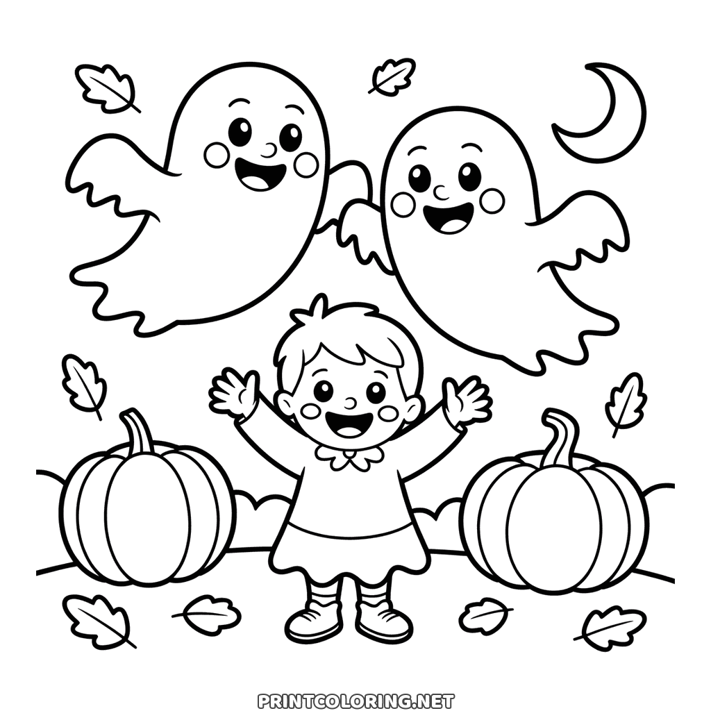 Two smiling Halloween ghosts above a child between two pumpkins, free page to color