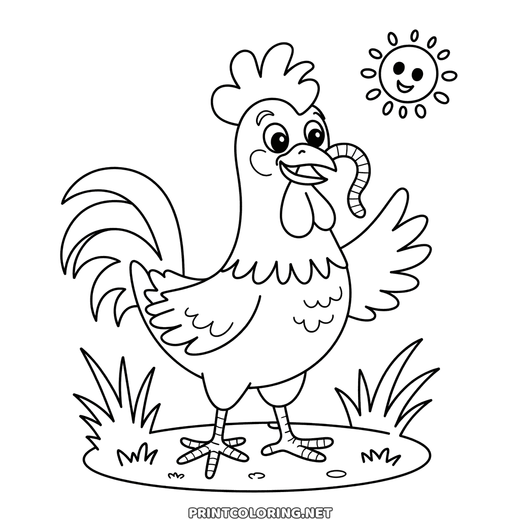 Happy rooster coloring page: a cartoon rooster with a worm in its beak under a smiling sun