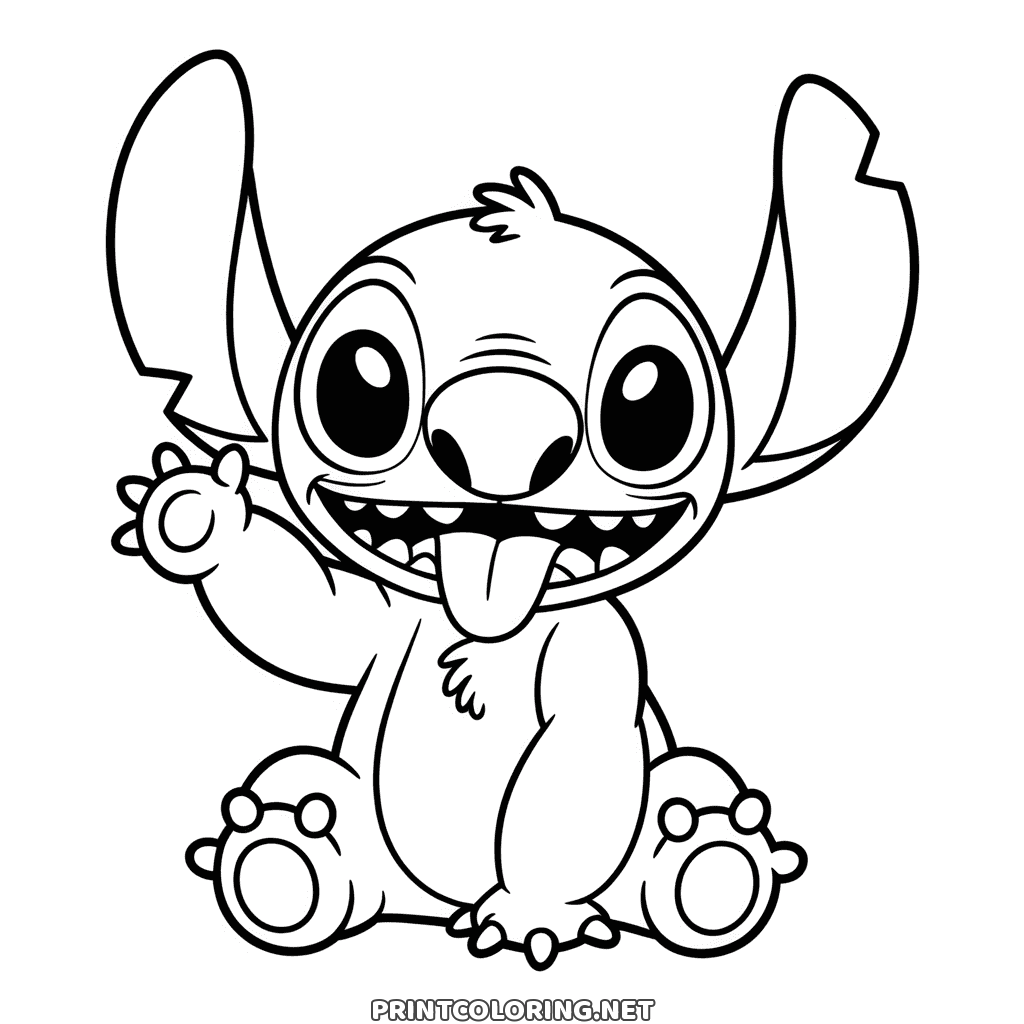 Easy Stitch coloring page of a happy Stitch sitting down, tongue out, waving one hand