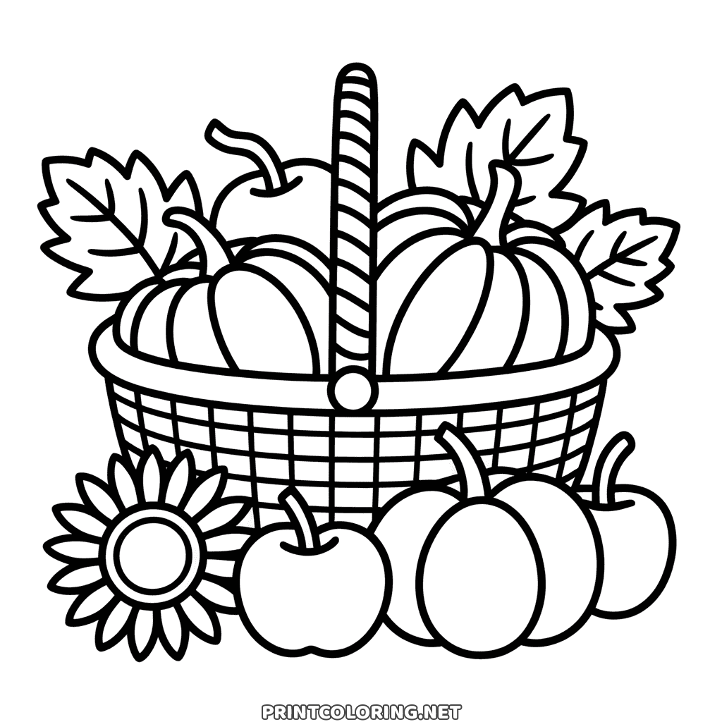 Erntedank Ausmalbild für den Herbst: ein Weidenkorb mit Kürbissen, davor Sonnenblume und Äpfel
