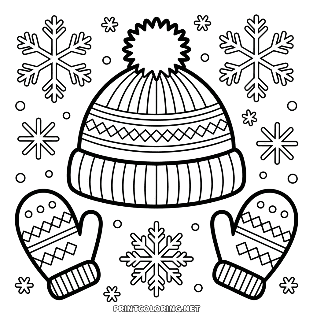 Un bonnet à pompon et des moufles à motifs parmi les flocons de neige, coloriage simple