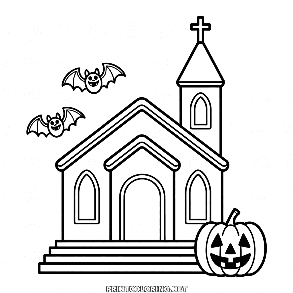 Haunted Halloween church coloring page: a steeple with arched windows and two bats