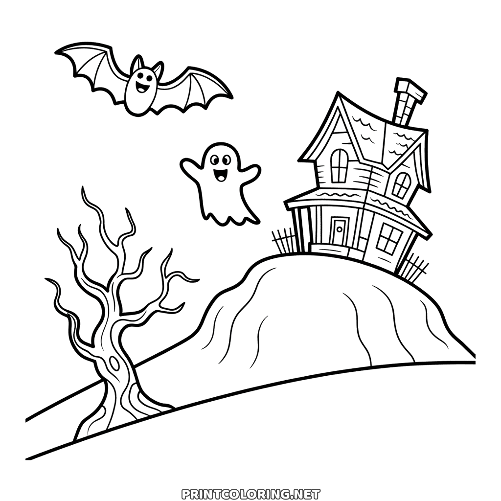 Detailed haunted house coloring page for Halloween, with a bare twisted tree, a ghost and a bat