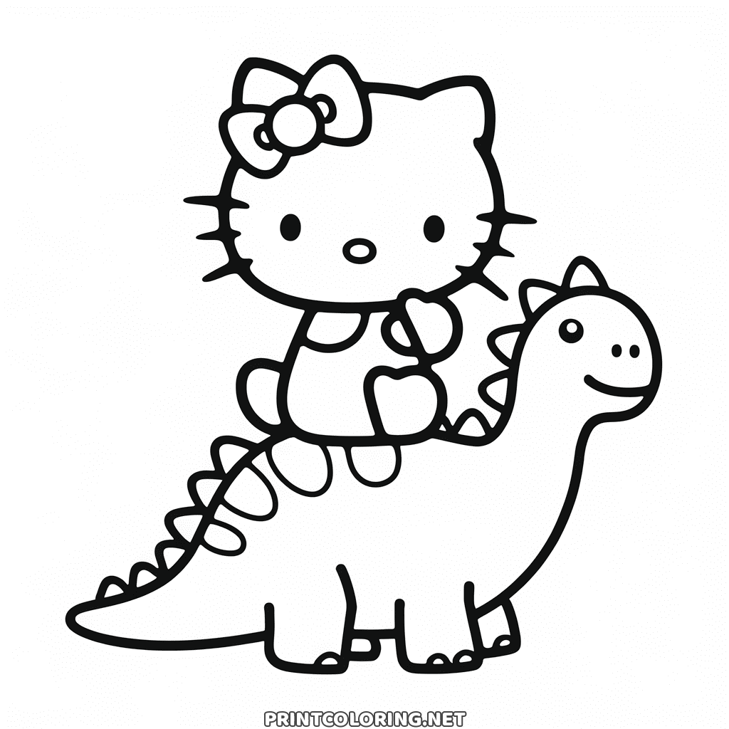 Cute dinosaur and Hello Kitty coloring page: riding the back of a smiling long-necked dino with spikes