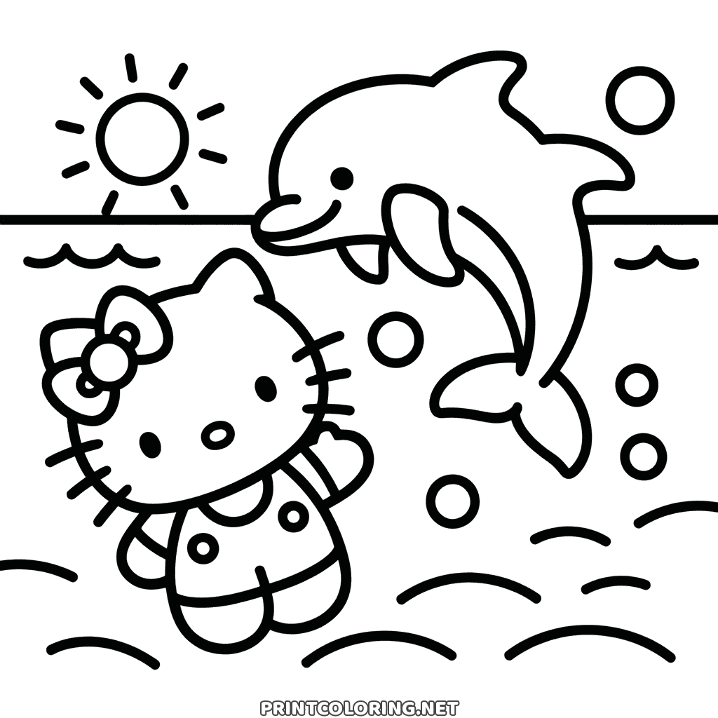 Summer coloring page of Hello Kitty swimming as a dolphin leaps over the waves, the sun and bubbles above