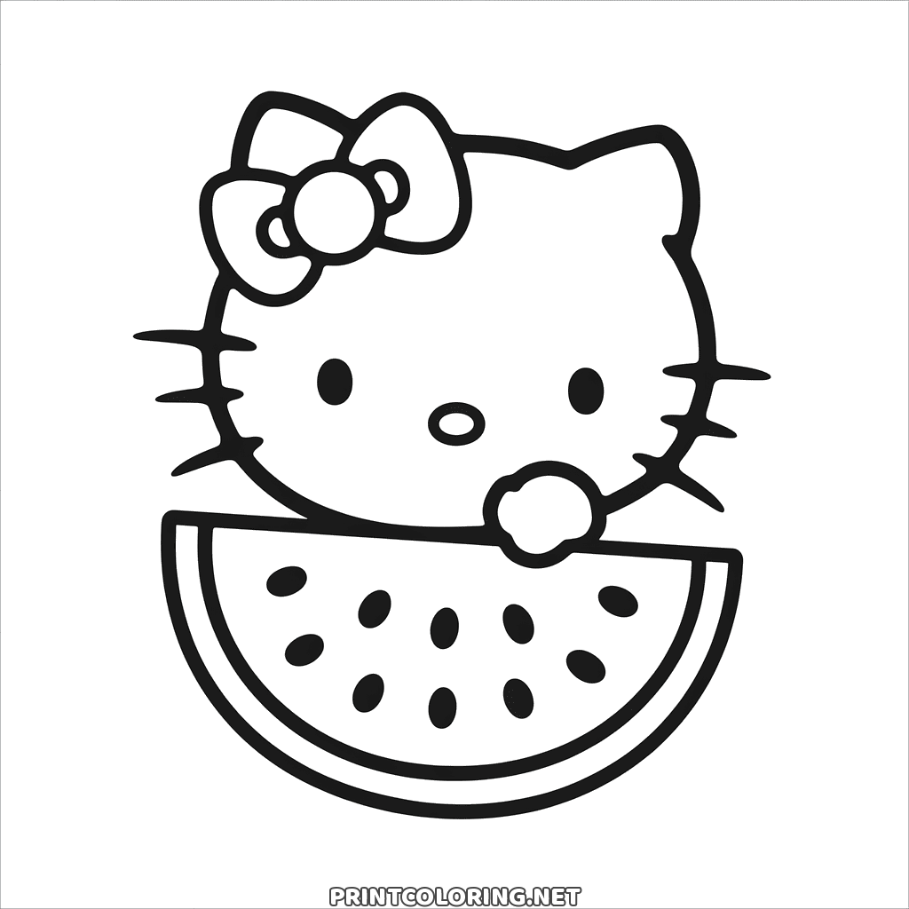 Big slice of watermelon with black seeds and Hello Kitty peeking over it, a simple coloring page for kids