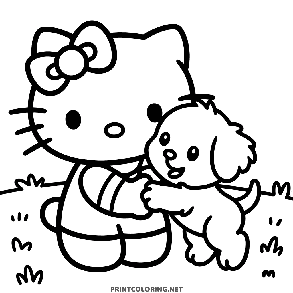 Hello Kitty coloring page hugging a fluffy puppy outdoors in the grass