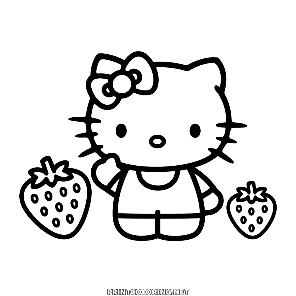 Kawaii coloring page of Hello Kitty waving between two big strawberries, both with leafy tops and seeds