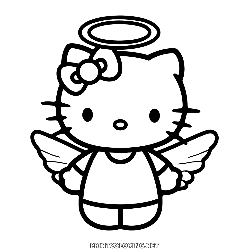 Angel Hello Kitty coloring page for kids: a double halo over her bow and two little wings at her sides