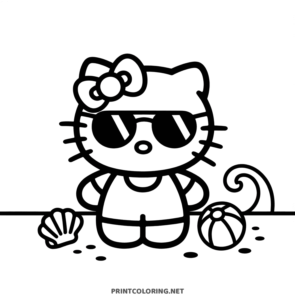 Hello Kitty coloring page wearing sunglasses at the beach with a beach ball and seashell