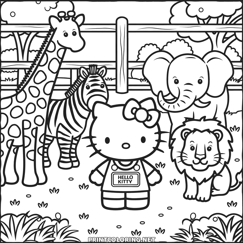 Detailed Hello Kitty zoo coloring page with a giraffe, a zebra, an elephant and a lion around her by a fence