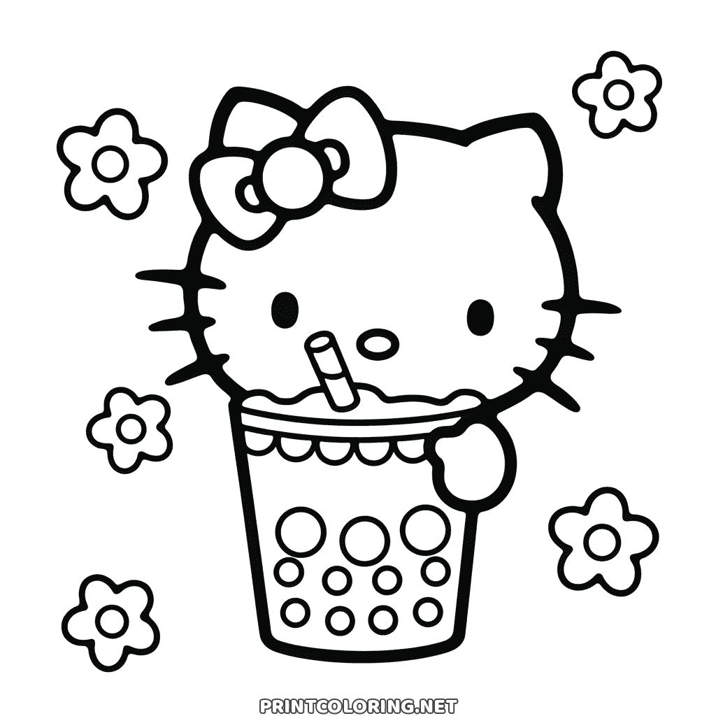 Hello Kitty bubble tea coloring page, a cute sheet: sipping a cup full of round pearls among little flowers