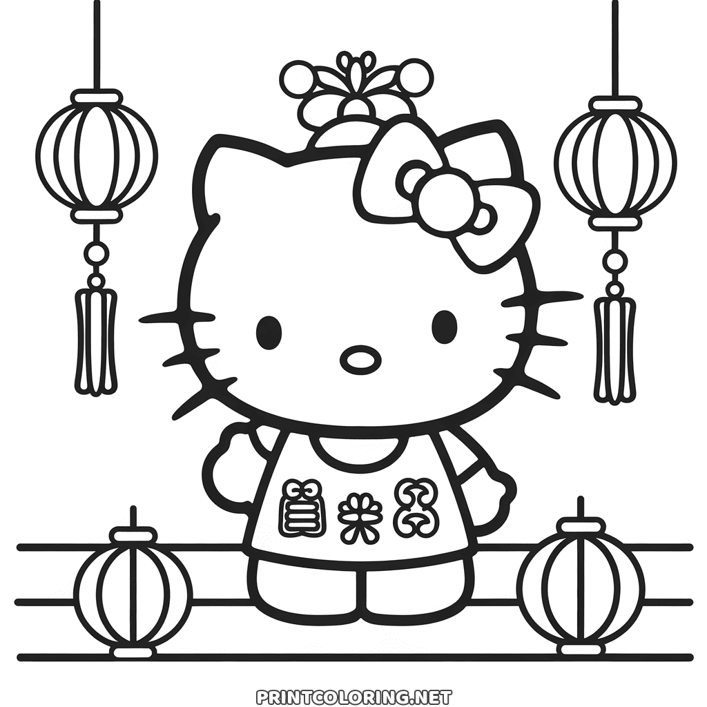 Coloring page for kids with Hello Kitty at Chinese New Year among hanging lanterns, in a patterned tunic