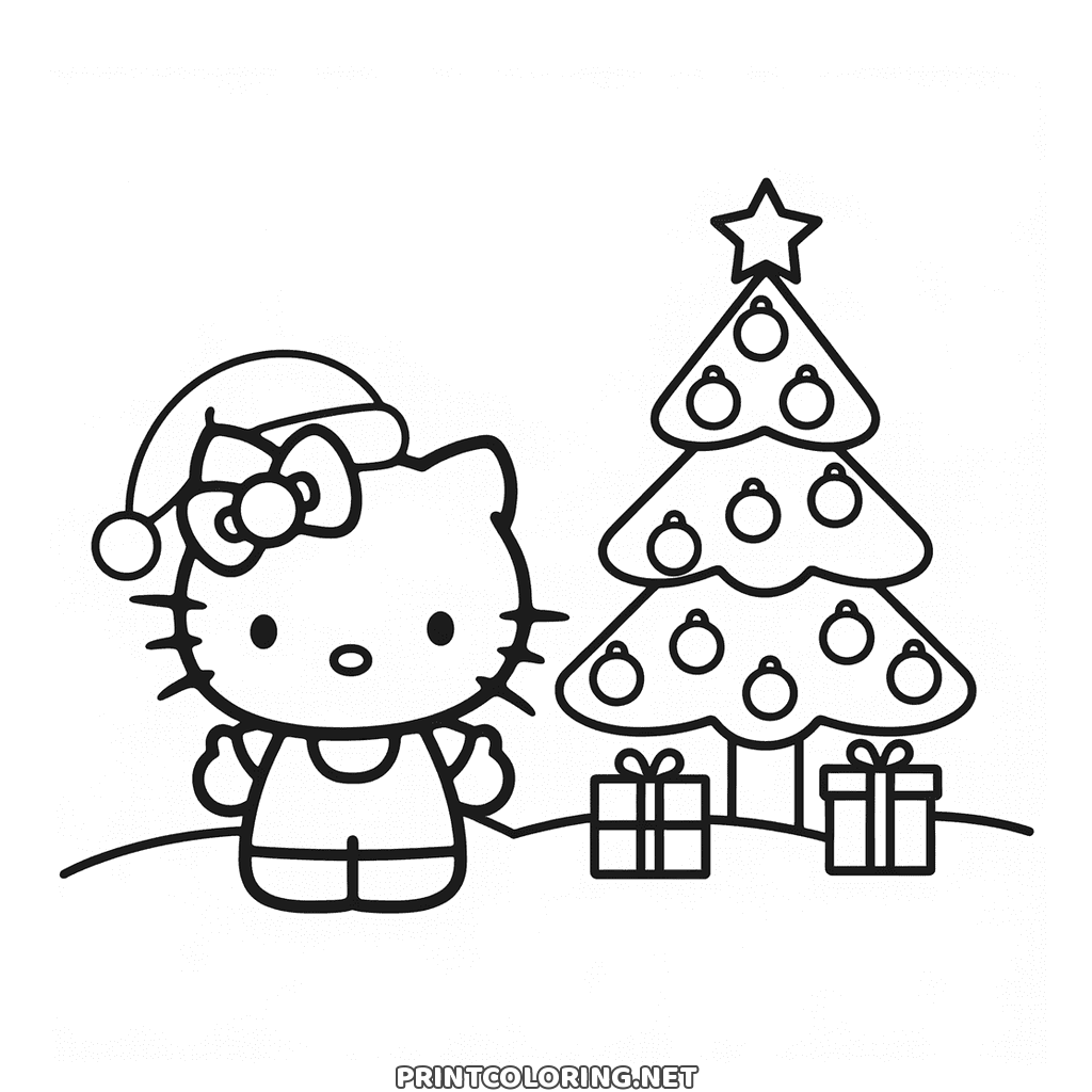 Hello Kitty Christmas coloring page: in a Santa hat beside a decorated tree