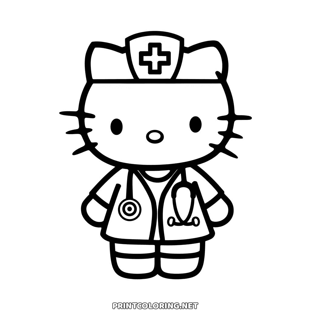 Hello Kitty doctor in a white coat and a cap with a cross, stethoscope round her neck, easy to color