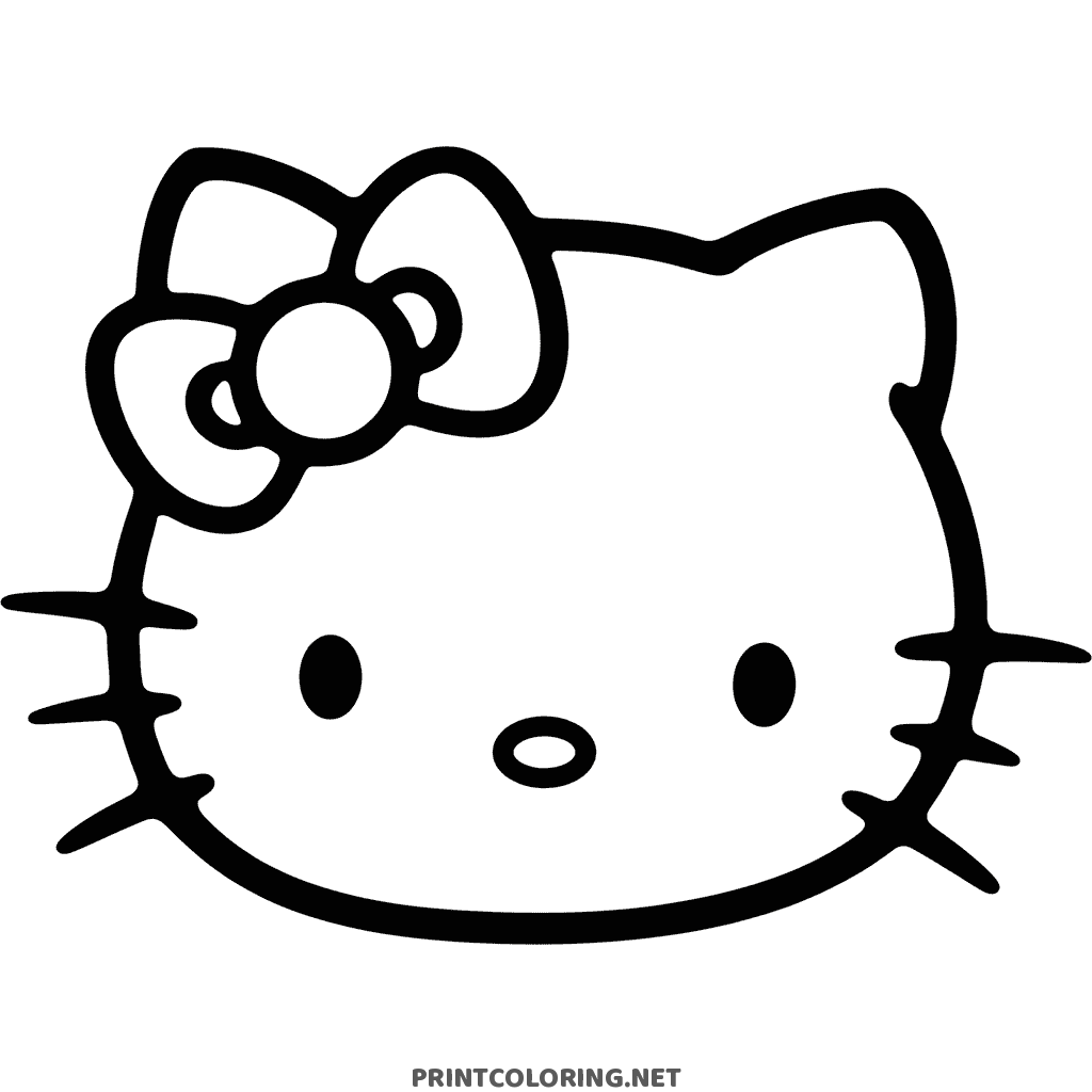 Hello Kitty face coloring page with her classic bow and whiskers, close up