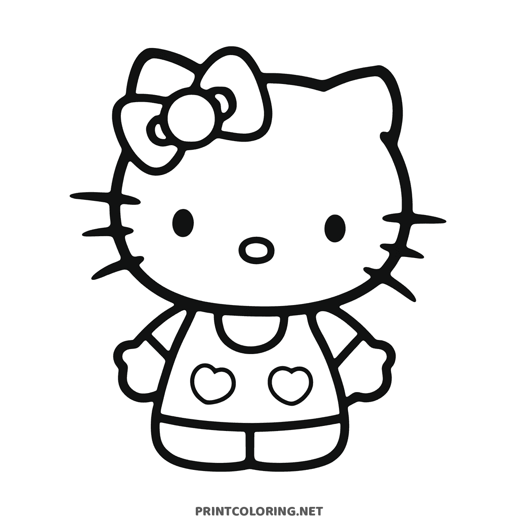 Hello Kitty coloring page for girls, wearing her classic bow and heart-patterned overalls