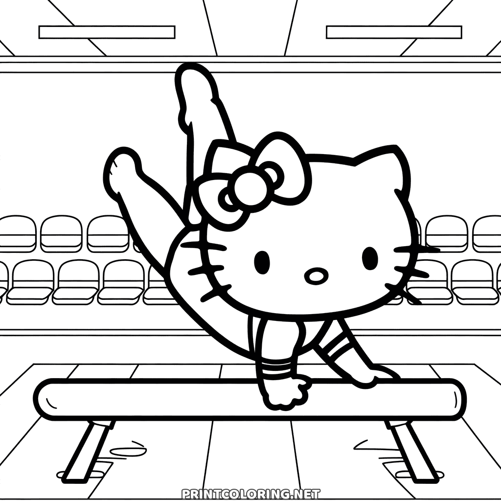 Hello Kitty gymnastics coloring page: one leg kicked high on the balance beam, rows of arena seats behind
