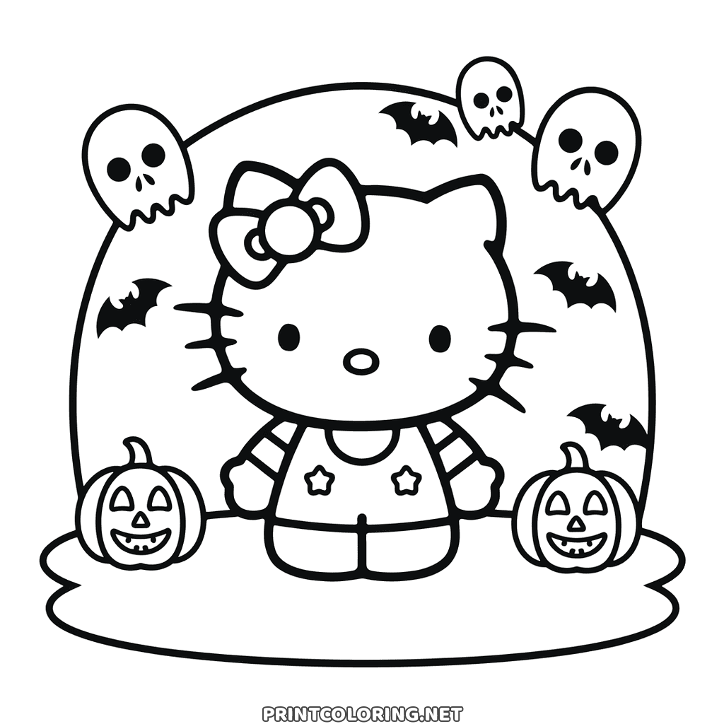 Hello Kitty an Halloween zwischen Kürbissen und Geistern, Ausmalbild zum Ausdrucken